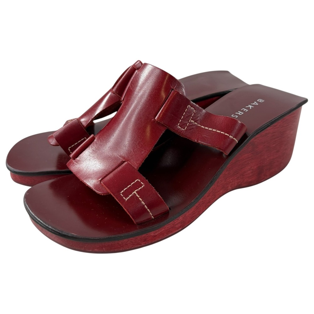 Bakers Jordan Vintage Red Leather Wedge Slide Sandals Square Toe Brazil Size 9